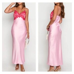 Beginning Boutique Brandy Pink Maxi Dress Women’s SZ US 4 Pink Satin Lace NEW